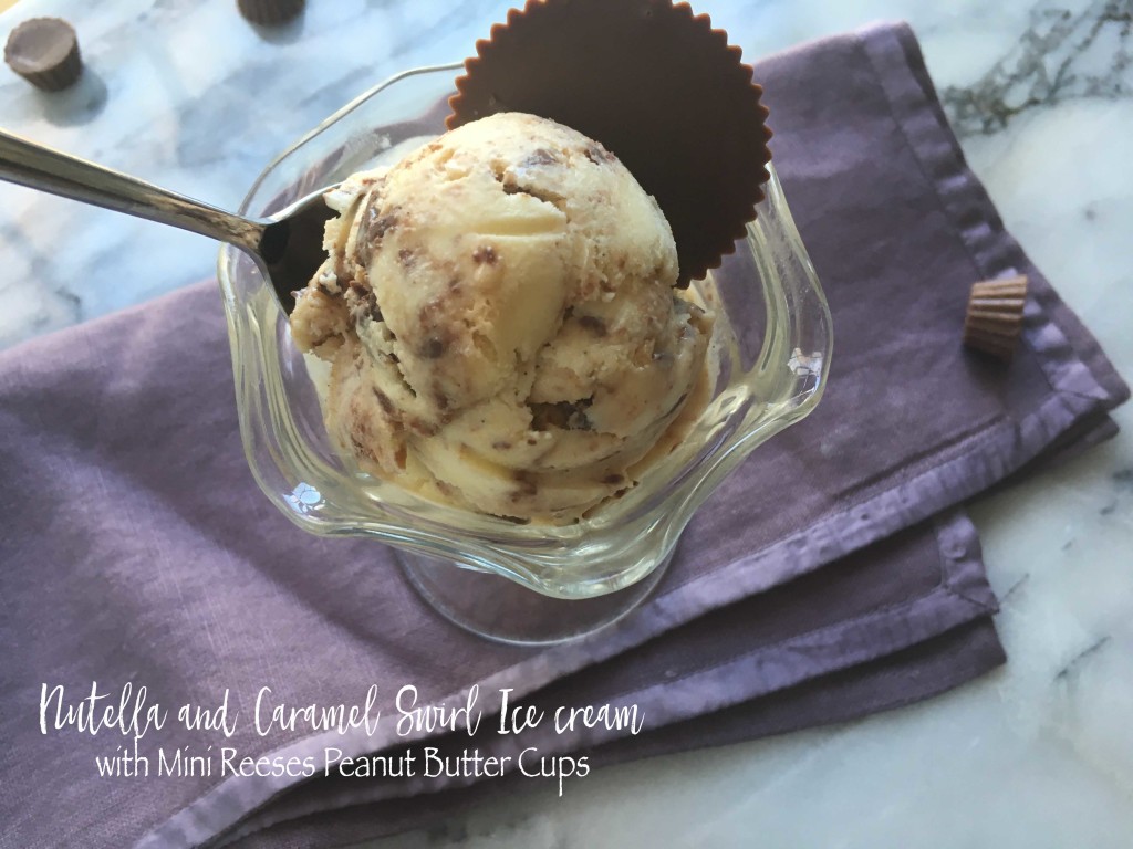 nutella and caramel swirl ice cream with mini reeses peanut butter cups