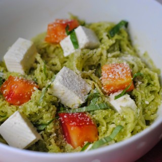 Spaghetti Squash with Homemade Pesto Sauce, Heirloom Tomatoes and Fresh Mozzarella